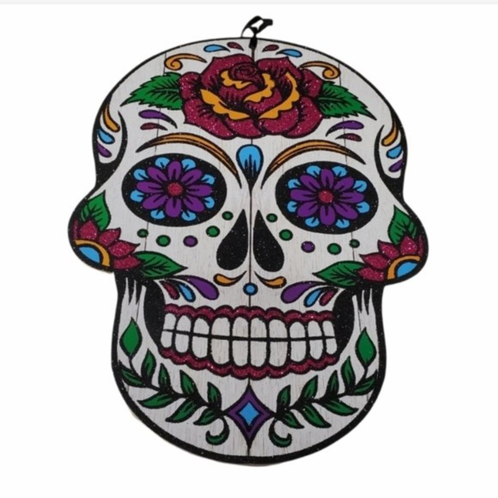 Halloween Decor Sugar Skull Sign 13.5 x 9.5 Glitter white black pink *